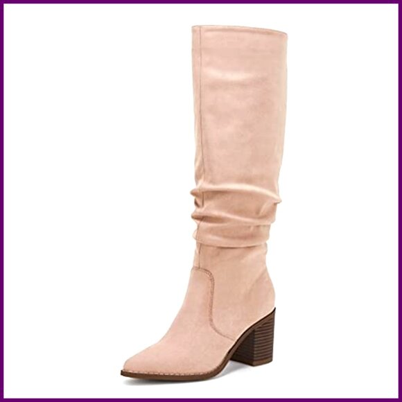 Pointed Toe Knee High Boots with Chunky Heel Side Zipper Wide Calf - Picture 2 of 8